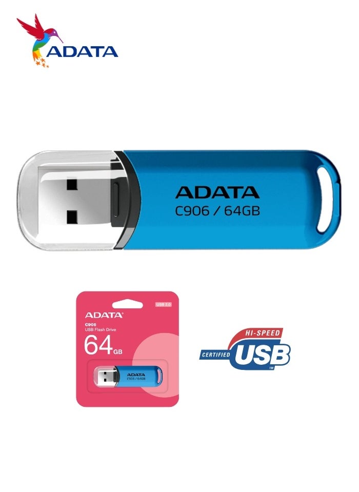 أداتا - C906 كومباكت | محرك فلاش USB 2.0 سعة 64 جيجابايت | نقل بيانات خفيف الوزن وسريع | أزرق - Image 1