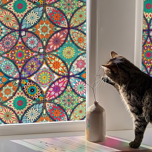 JiffDiff Stained Glass Window Film Privacy Decorative Tinting Film for Home Frosted Bathroom Window Coverings Static Cling Non-Adhesive - Image 1