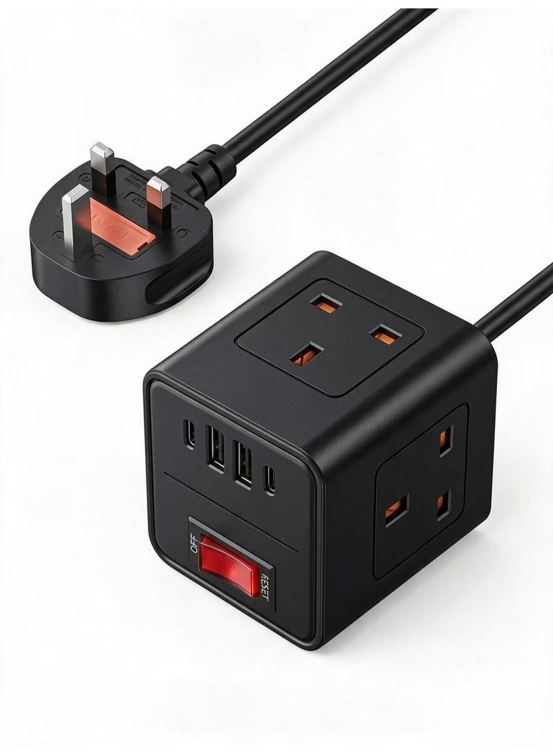 Extension cord cube with 2M Pure Copper Cable 10A 2500W Power Strip 3 AC Outlets 2 USB-A & 2 USB-C  Multi-Plug Socket for Home Office & Appliances - Image 1