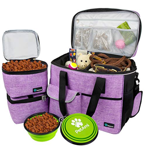 PetAmi Dog Travel Bag, Travel Pet Bag Organizer, Dog Food Travel Bag with Food Container and Bowls, Dog Travel Supplies Gift Accessories for Weekend Camping, Dog Cat Diaper Bag (Purple, Large) - Image 1