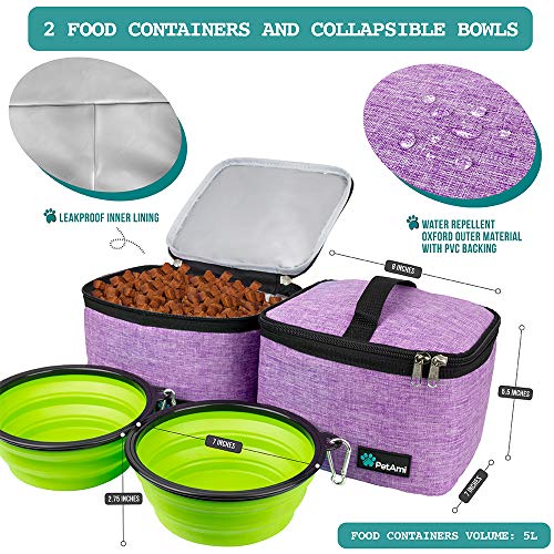 PetAmi Dog Travel Bag, Travel Pet Bag Organizer, Dog Food Travel Bag with Food Container and Bowls, Dog Travel Supplies Gift Accessories for Weekend Camping, Dog Cat Diaper Bag (Purple, Large) - Image 3