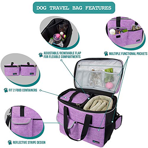 PetAmi Dog Travel Bag, Travel Pet Bag Organizer, Dog Food Travel Bag with Food Container and Bowls, Dog Travel Supplies Gift Accessories for Weekend Camping, Dog Cat Diaper Bag (Purple, Large) - Image 4