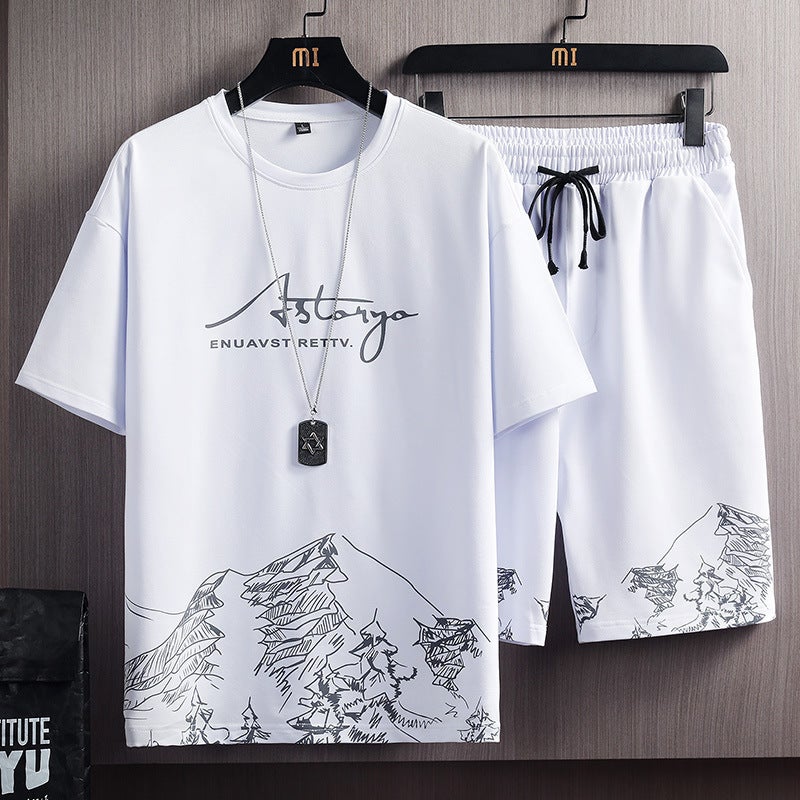 Loose Short Sleeve T-Shirt Set for Men Summer Fashionable Korean Style Casual Wear Polyester Fiber Short Pants Comfortable Yaxue Peak suit White