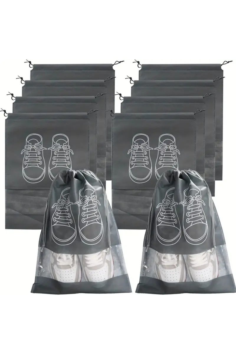ZedAura Shoe Bags for Travel, 10 Pcs Large Gray Travel Shoe Bags for Packing, Non-Woven Drawstring Travel Shoe Storage Bag with Clear Window for Men and Women - Image 1