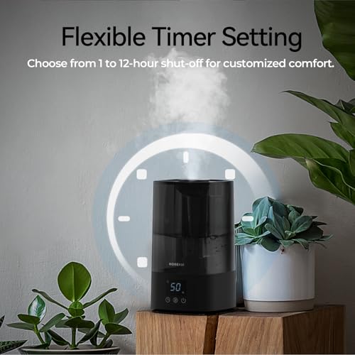 Rosekm Automatic Humidifiers for Bedroom Large Room, 4.5L Cool Mist Ultrasonic Humidifier for Home & Plant with Timer & Humidity Sensor, Last Up to 18H on High Setting, Auto Shut-Off, 360° Nozzle - Image 5