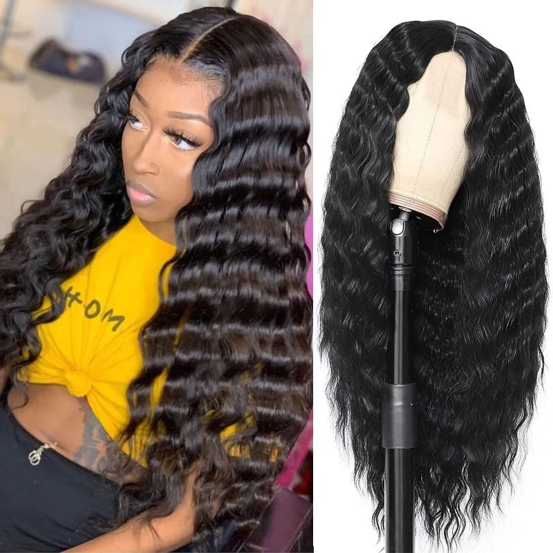 FEEL ME 28 Inch Synthetic Curly Wig Long Deep Wave Lace Wigs for Black Women Fake Scalp Natural Crimps Curls Lace Front Wig Pre Plucked Curly 1B