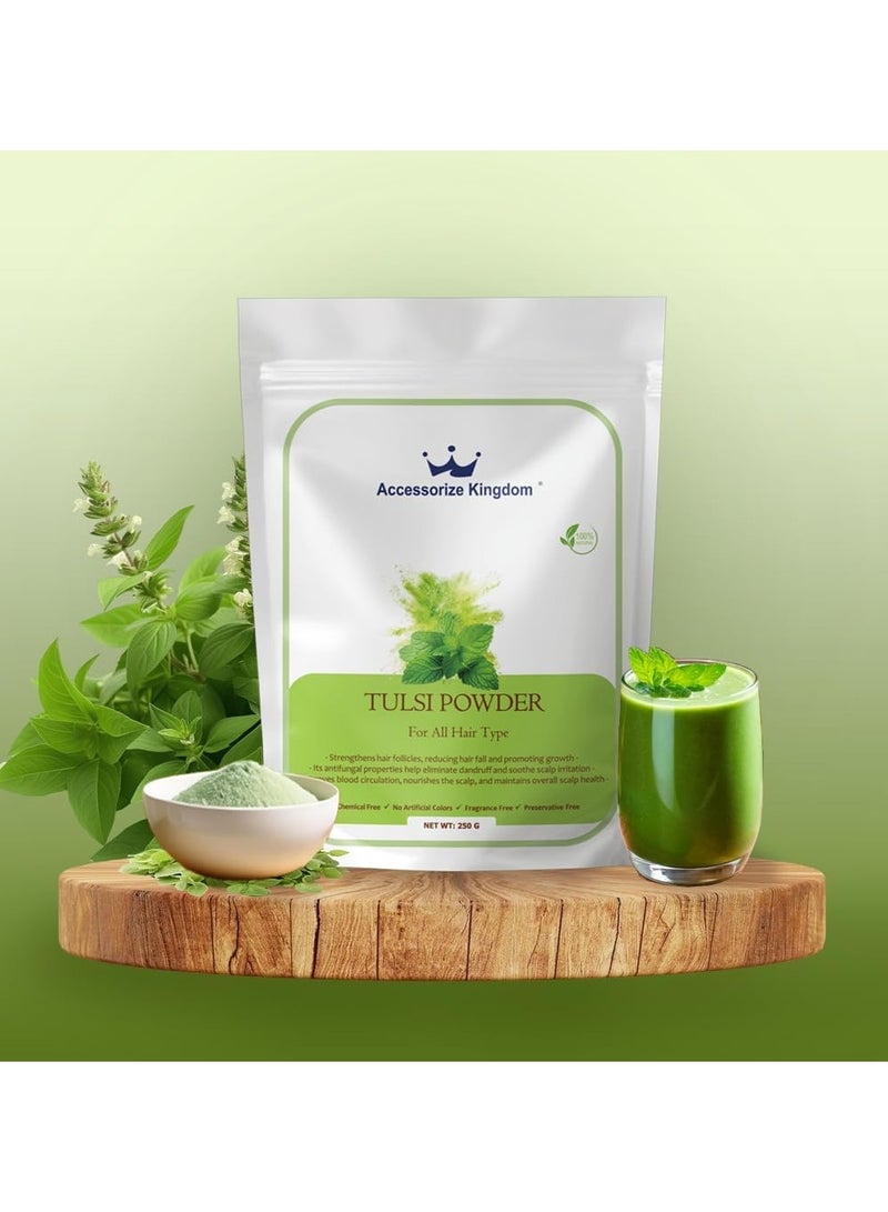 مملكة الإكسسوارات مسحوق تولسي (250 غرام) - طبيعي ونقي 100% | مناسب للشعر والبشرة | يغذي الشعر، يقلل تساقطه، ويحفز نموه | يهدئ فروة الرأس، يحسن ملمس البشرة، ويتحكم في إفراز الزيوت. - Image 3