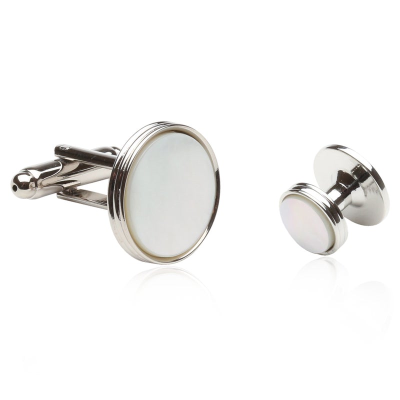 Cuff-Daddy Mother of Pearl Cufflinks and Studs Tuxedo Set White Silver Formal Set Round Tuxedo Formal Set with Presentation Idea Box Mens White Wedding Studs Set - Image 2