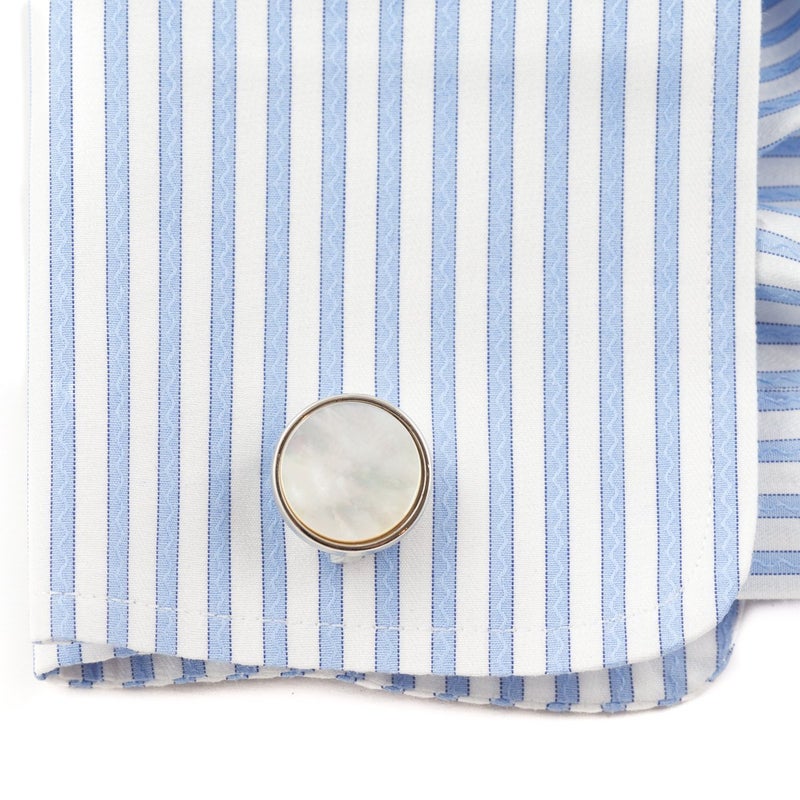 Cuff-Daddy Mother of Pearl Cufflinks and Studs Tuxedo Set White Silver Formal Set Round Tuxedo Formal Set with Presentation Idea Box Mens White Wedding Studs Set - Image 3