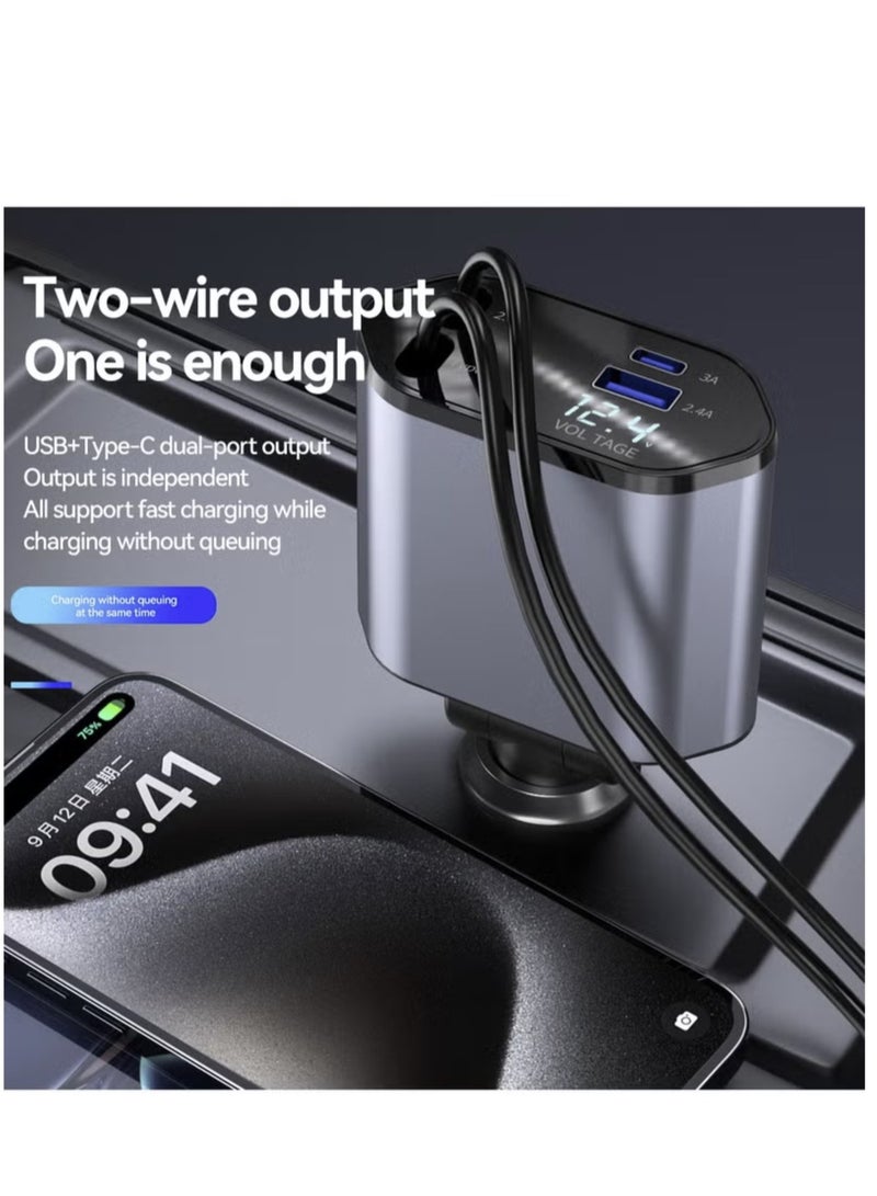 Denx 4 in 1 Retractable Car Charger with USB Type-C Lightning Display Car Charger Adapter Supports PD Fast Charging Compatible With All Phones - Image 4