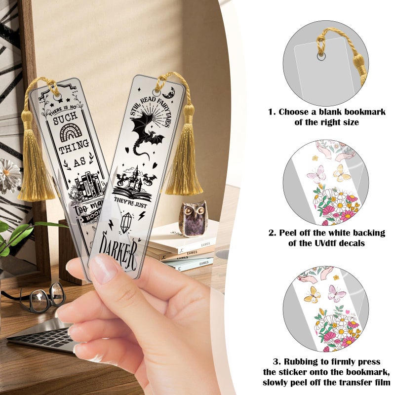 AFRITEE Funny UV DTF Bookmark Wraps - 24 Sheets Reading Enthusiast Acrylic Bookmark Blank Uvdtf Decals, Fun Floral Dragon Skull Transfer Stickers for Bookmarks Craft Decorations Gift for Women - Image 5
