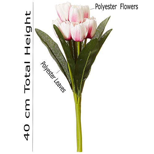 Fourwalls Beautiful Decorative Artificial Tulip Flower Bunch for Home décor (40 cm Tall, 9 Heads, Set of 3, White/Pink) - Image 4