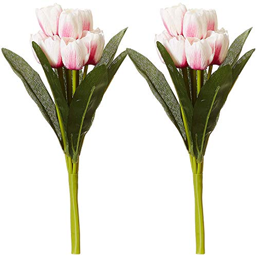 Fourwalls Beautiful Decorative Artificial Tulip Flower Bunch for Home décor (40 cm Tall, 9 Heads, Set of 3, White/Pink) - Image 3