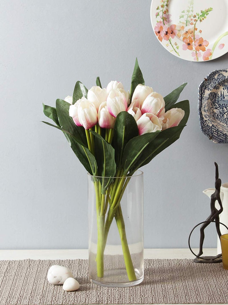 Fourwalls Beautiful Decorative Artificial Tulip Flower Bunch for Home décor (40 cm Tall, 9 Heads, Set of 3, White/Pink) - Image 1