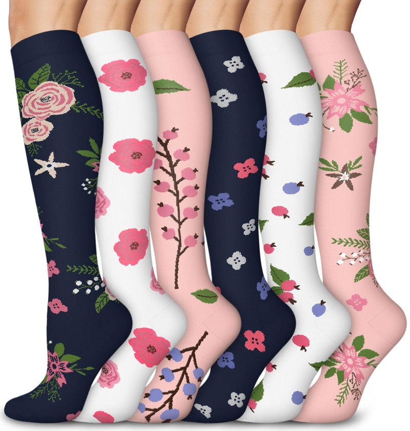 Aoliks Compression Socks for Women and Men, Knee High Support Stockings, Long Pink Floral Design, Improve Circulation and Help Reduce Swelling for Recovery, Gift for Women - Image 1