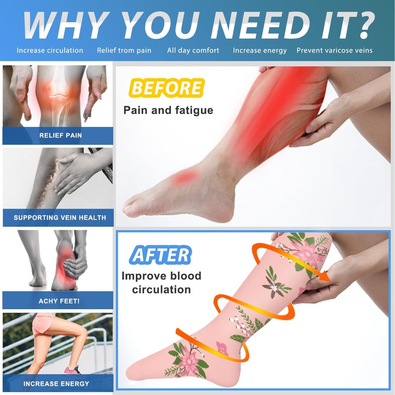 Aoliks Compression Socks for Women and Men, Knee High Support Stockings, Long Pink Floral Design, Improve Circulation and Help Reduce Swelling for Recovery, Gift for Women - Image 2