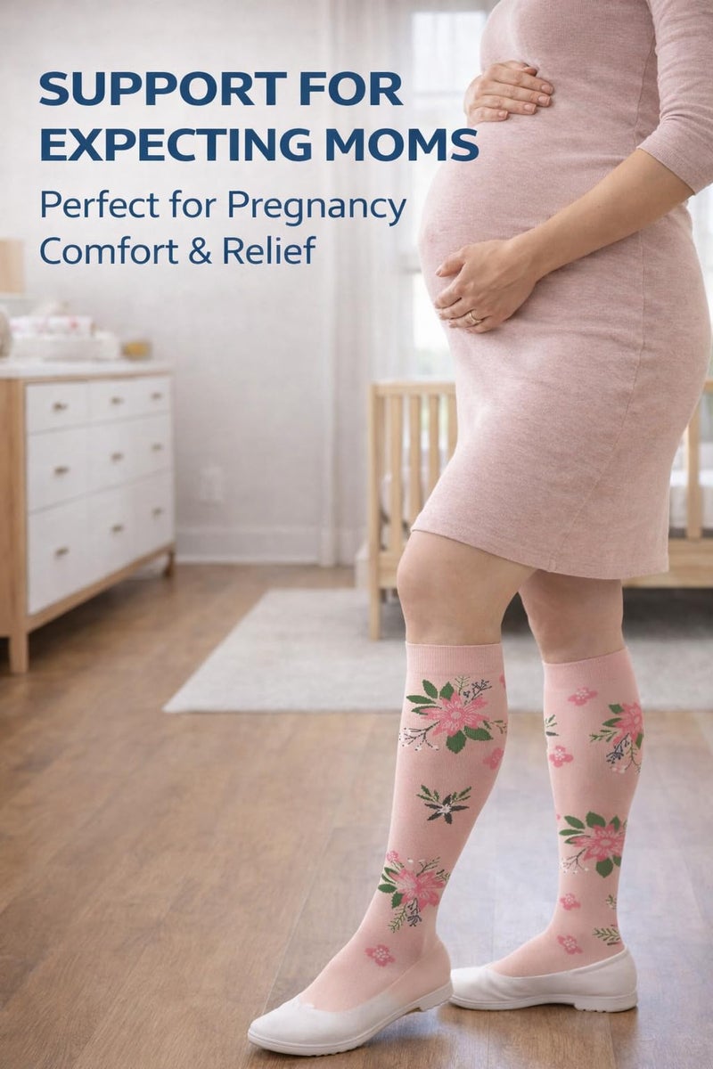 Aoliks Compression Socks for Women and Men, Knee High Support Stockings, Long Pink Floral Design, Improve Circulation and Help Reduce Swelling for Recovery, Gift for Women - Image 4