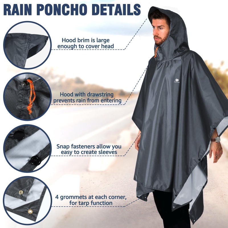 ANYOO Hooded Rain Poncho for Adults Waterproof Lightweight Rain Coats for Men Women Reusable Rain Jacket for Emergency Camping Outdoor Activities (Grey) One Size - Image 3
