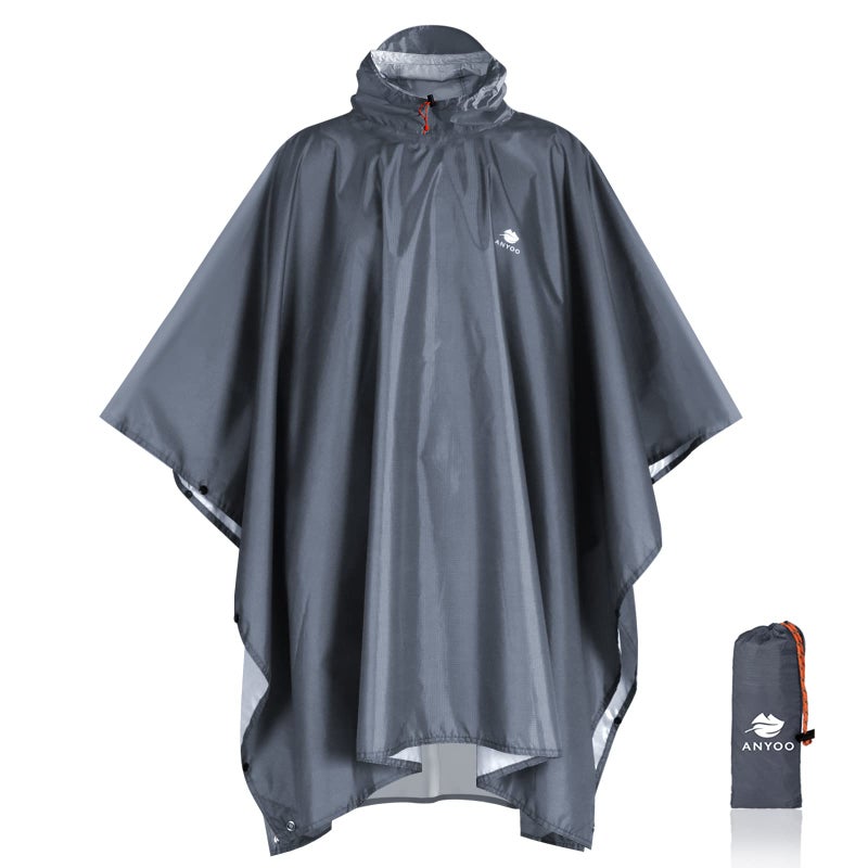ANYOO Hooded Rain Poncho for Adults Waterproof Lightweight Rain Coats for Men Women Reusable Rain Jacket for Emergency Camping Outdoor Activities (Grey) One Size - Image 1