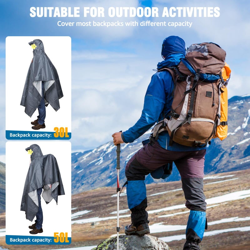 ANYOO Hooded Rain Poncho for Adults Waterproof Lightweight Rain Coats for Men Women Reusable Rain Jacket for Emergency Camping Outdoor Activities (Grey) One Size - Image 5