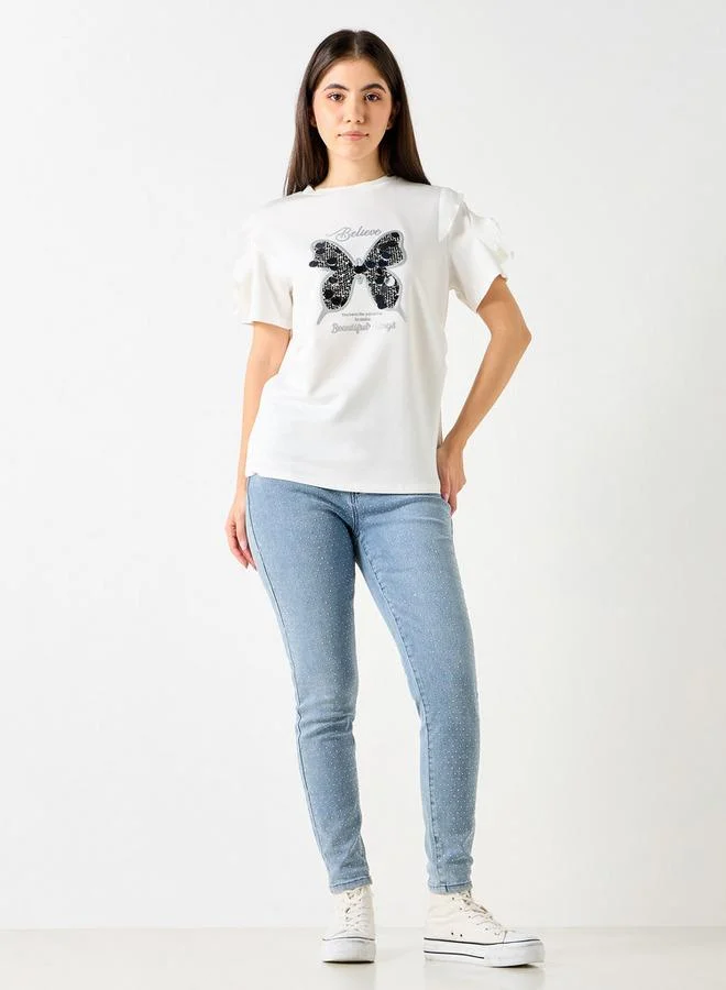 2Xtremz 2Xtremz Butterfly Embellished T-shirt with Ruffle Detail Sleeves