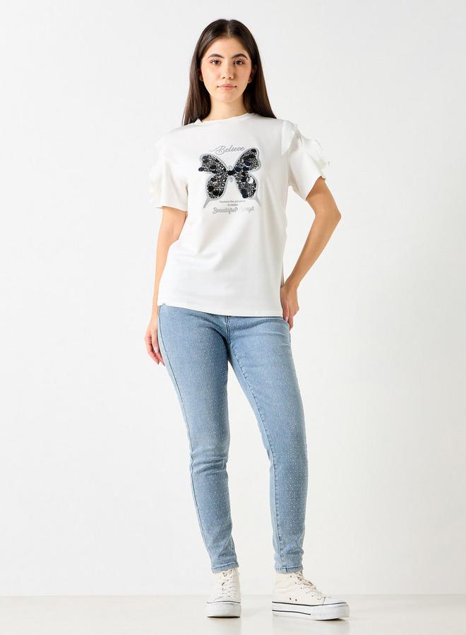 2Xtremz Butterfly Embellished T-shirt with Ruffle Detail Sleeves - Image 2