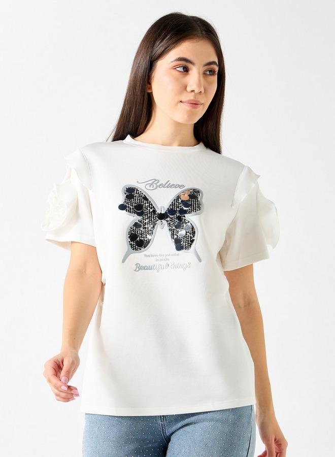 2Xtremz Butterfly Embellished T-shirt with Ruffle Detail Sleeves - Image 1