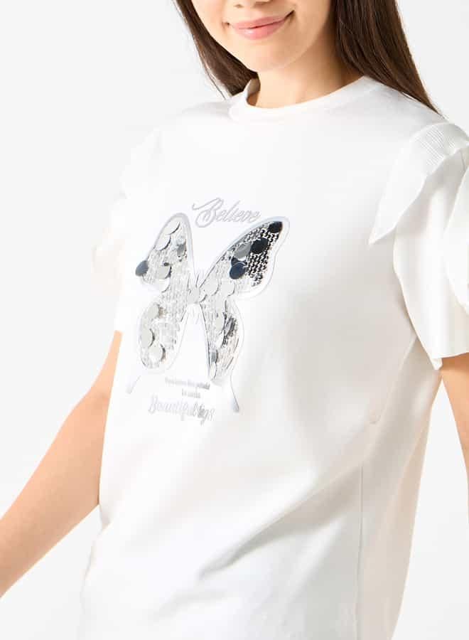 2Xtremz Butterfly Embellished T-shirt with Ruffle Detail Sleeves - Image 4