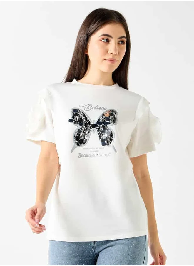 2Xtremz 2Xtremz Butterfly Embellished T-shirt with Ruffle Detail Sleeves