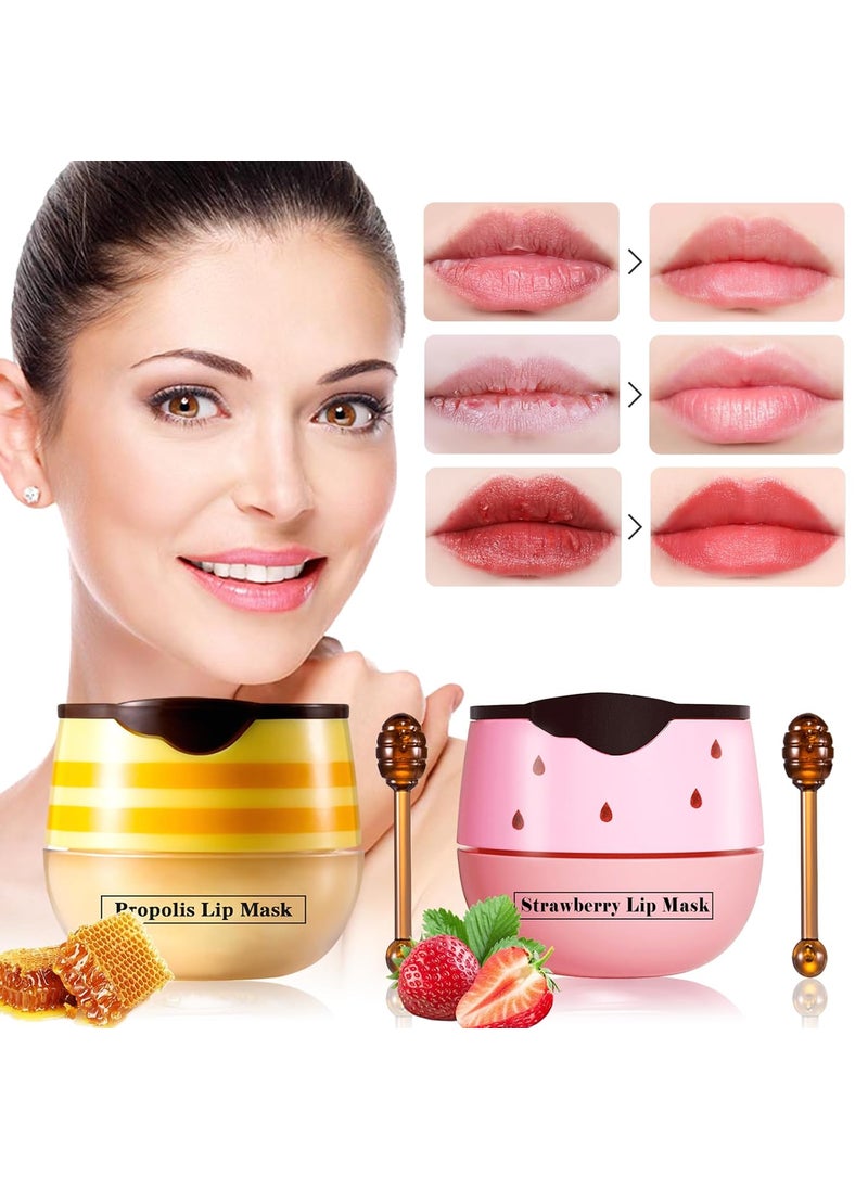 LSxia 2 PCS Honey Lip Balm Honey Pot Strawberry  Honey Lip Mask Reduces Lip Lines Hydrate  Moisturizing Lip Skin Care Prevention Dry Cracked Lips Honey Lip Balm for Lip Repair Treatment 