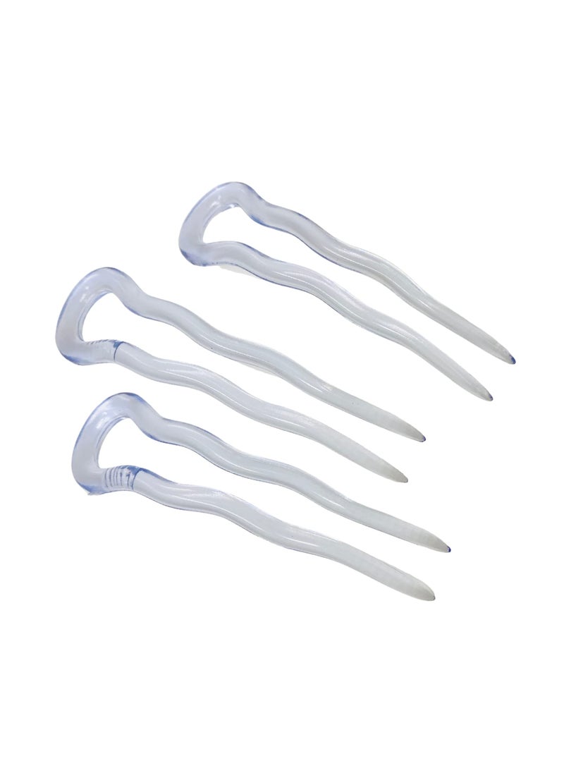 Parcelona Parcelona French Mystic Crystal Clear Transparent 3 Inch Wavy Set of 3 Celluloid U Shaped Hair Pins for Hair Bun Style for Women and Girls Hair Styling Accessories, Made in France 