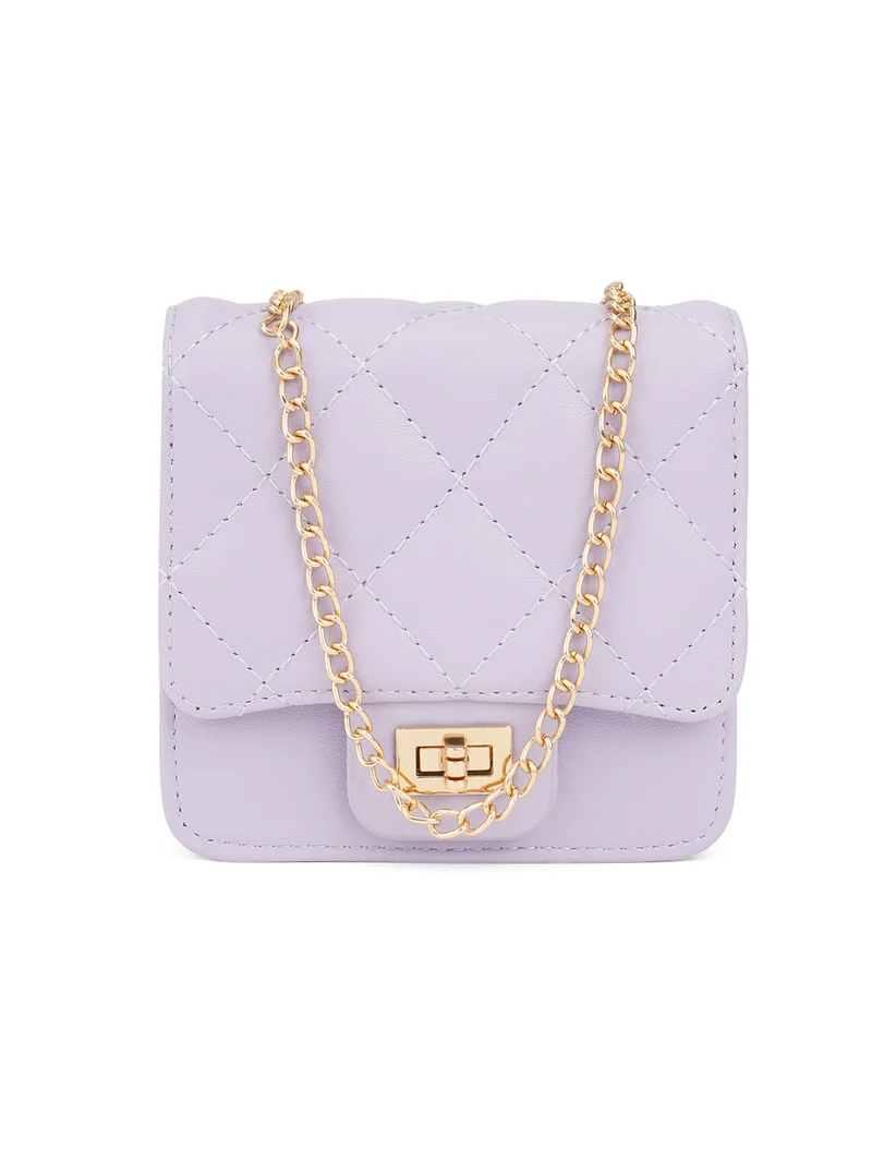 Globus Women Lavender Puffed Quilted Twistlock Small Square Party Sling Bag With Detachable Chain Strap