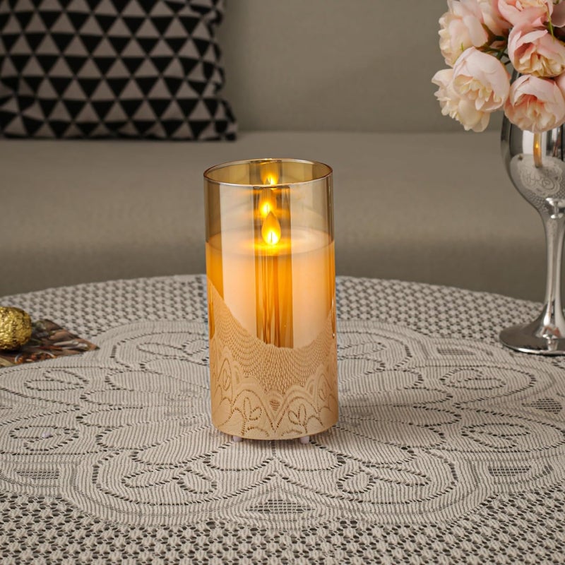 LTETTES Real Wax LED Glass Pillar Flameless Rechargeable Candles | Amber Gold Glass | USB Type-C Wireless Charging Cable | Remote Control Included | Home Decor & Gifting | Set of 1 (7.5 x 15.8 cm) - Image 2