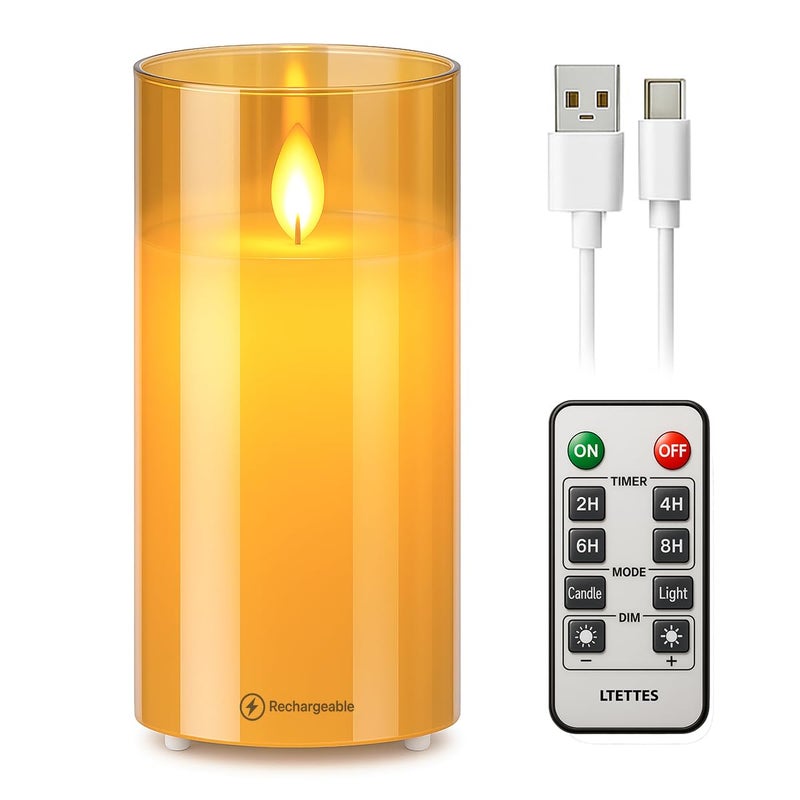 LTETTES Real Wax LED Glass Pillar Flameless Rechargeable Candles | Amber Gold Glass | USB Type-C Wireless Charging Cable | Remote Control Included | Home Decor & Gifting | Set of 1 (7.5 x 15.8 cm) - Image 1