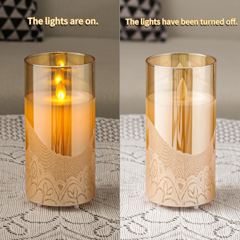 LTETTES Real Wax LED Glass Pillar Flameless Rechargeable Candles | Amber Gold Glass | USB Type-C Wireless Charging Cable | Remote Control Included | Home Decor & Gifting | Set of 1 (7.5 x 15.8 cm) - Image 3