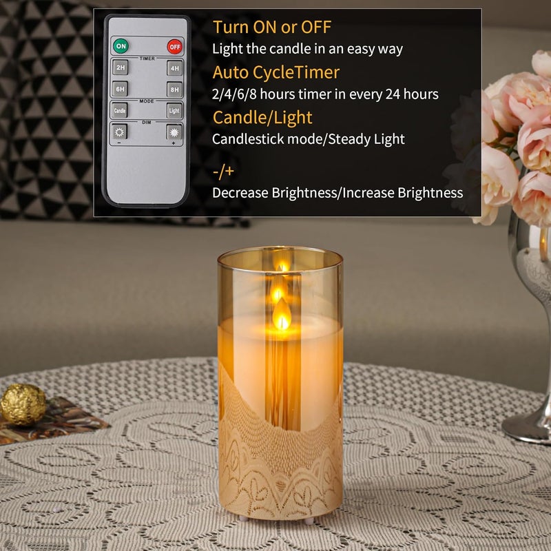 LTETTES Real Wax LED Glass Pillar Flameless Rechargeable Candles | Amber Gold Glass | USB Type-C Wireless Charging Cable | Remote Control Included | Home Decor & Gifting | Set of 1 (7.5 x 15.8 cm) - Image 5