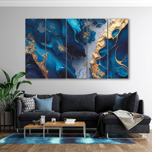 The Castle Decor lord Blue Gold sparkle painting with frame 5 Big Size (27x48) Multiple Frames Wall Art Painting for living room,Bedroom,Drawing room,Hotels-Wooden Framed-Digital Painting - Image 1
