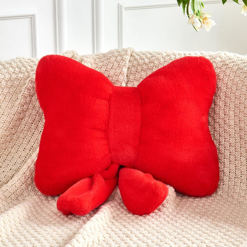 XVTRU RED BOW PANDING SOFT BOW الوسائد المزخرفة مع فو فو فرو لطيف 12 "" القوس رمي الوسائد الجمالية ديكور وسادة أفخم على شكل غرفة نوم لأريكة غرفة نوم الأريكة - Image 1