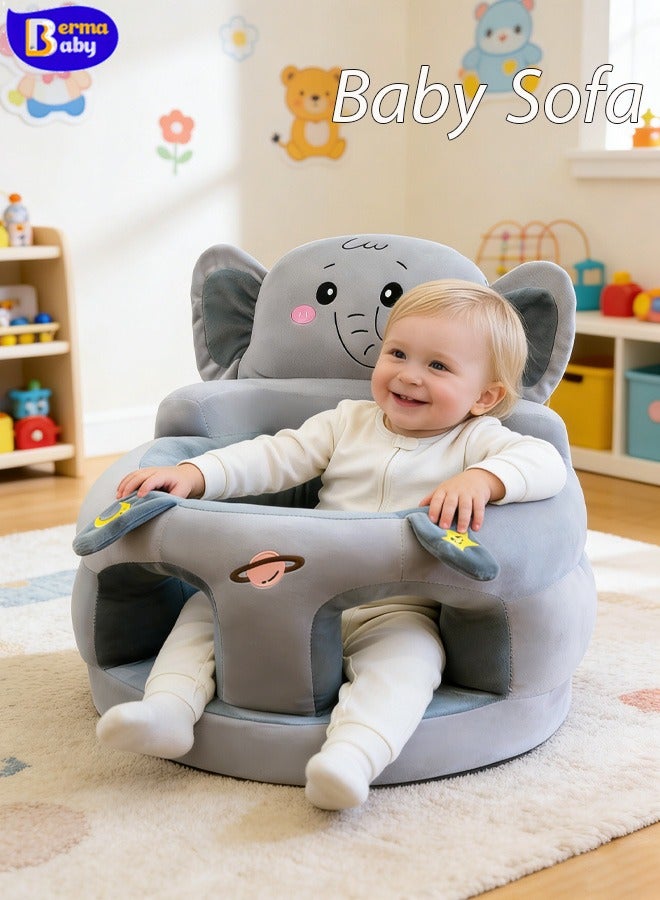 Berma Baby كرسي جلوس للأطفال، أريكة لعبة للأطفال، مقعد دعم للأطفال، مقعد تعليمي مريح للأطفال، كرسي تعليمي للجلوس والتغذية، أريكة أرضية ناعمة ولطيفة من القطيفة ليلعب بها الطفل، مناسبة للأولاد والبنات (فيل رمادي) - Image 1