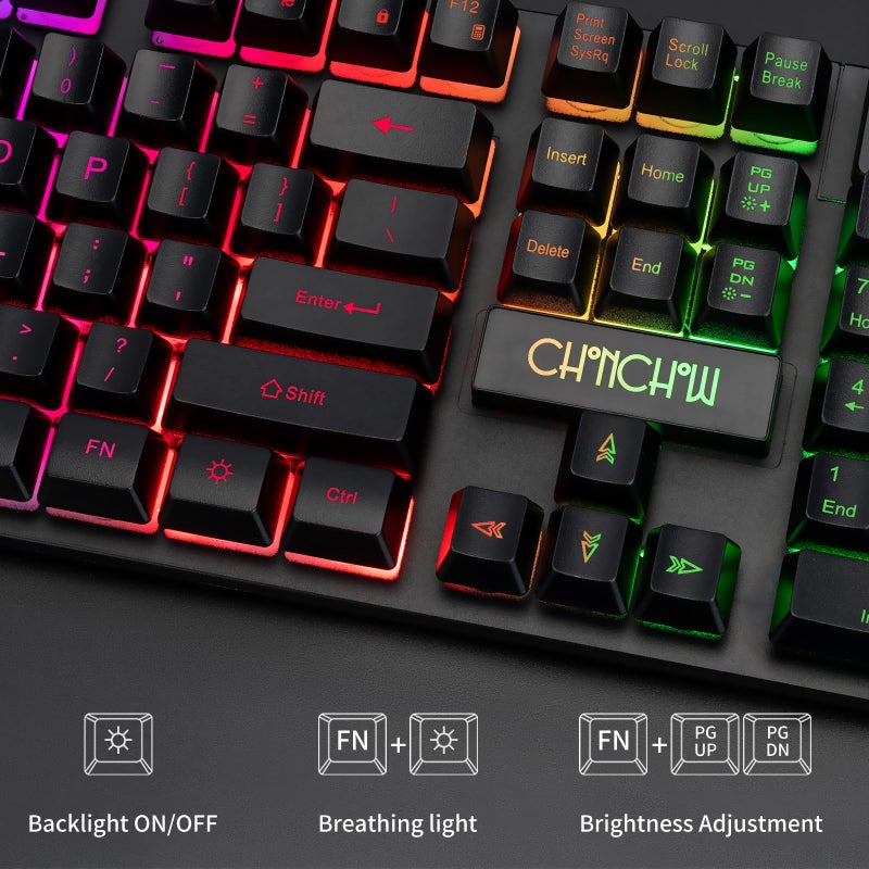 CHONCHOW Gaming Keyboard and Mouse Led Backlit USB Wired with Light Up 104Key 3600DPI 2 Side Button Mouse Keyboard Mechanical Feeling Compatible with PC Mac OS Xbox Ps4 Ps5 with Mousepad - Image 3