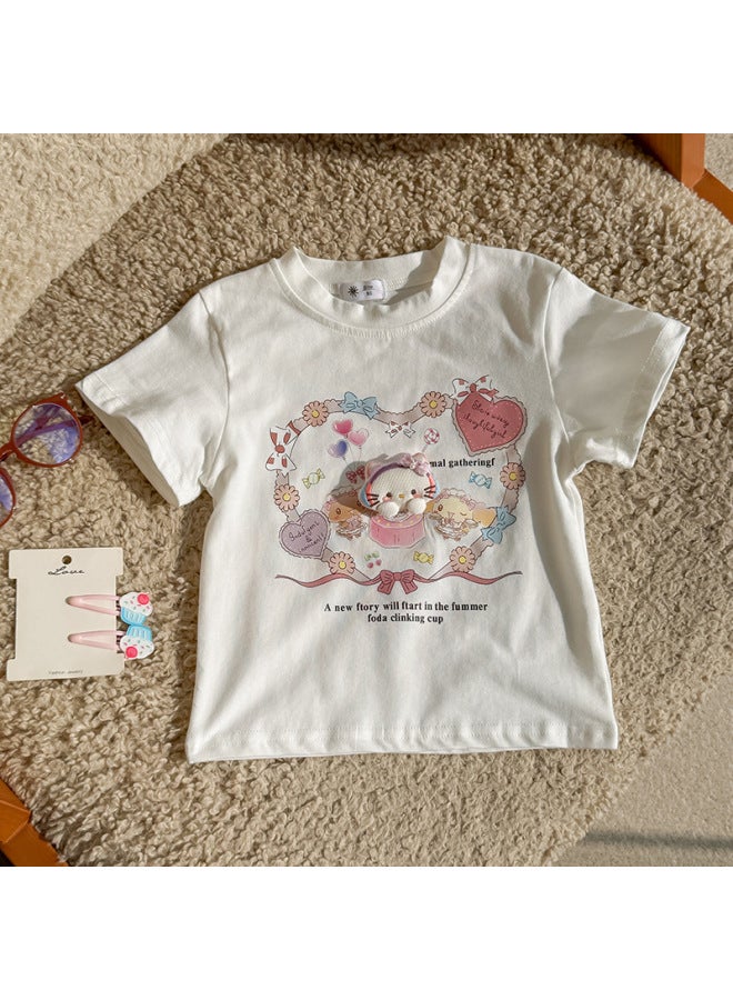 Korean-style Children's Clothing New Summer Girl's Candy Color Loose Cartoon Flower 3d Plush Short-sleeve T-shirt