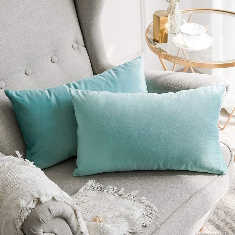 Khooti Rectangular Velvet Cushion Cover, 20x30 (Teal Green)(Pack of 2) - Image 1