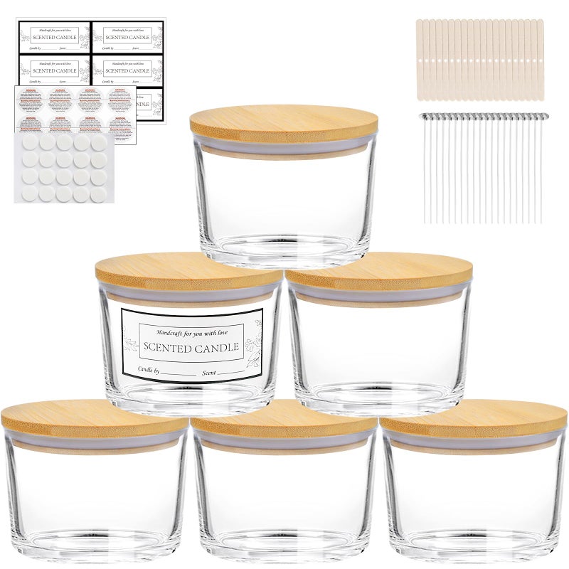CONNOO 6Pack 16 oz Candle Jars  3Wick Clear Empty Glass Wide Mouth Candle Jars Come with Bamboo Lids Sticky Warning Labels and a Candle Wick Kit for Candle Making  Dishwasher Safe