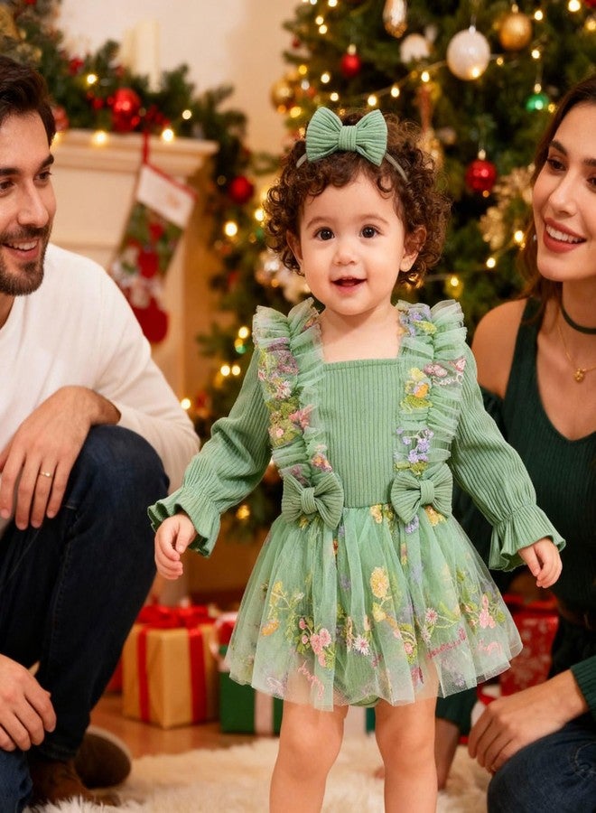 فستان طفلة من جريهافا، طقم عيد ميلادها الأول، تنورة تول للأطفال بعمر سنة واحدة، بنمط تطريز، أخضر. - Image 3