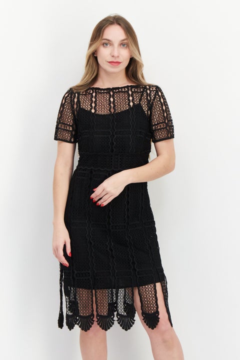 Women Embroidered Midi Dress, Black