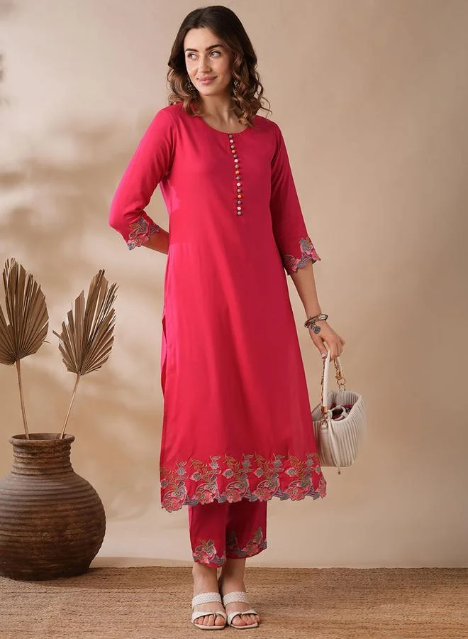 globus Pink Button Floral Scalloped Hem Kurta and Elasticated Pants Set