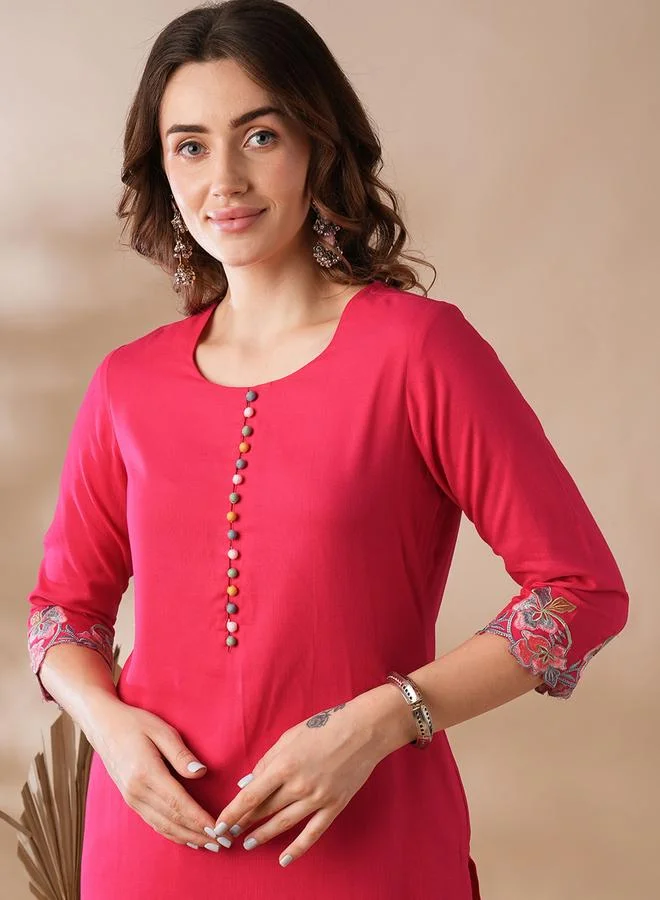 Globus  Pink Button Floral Scalloped Hem Kurta and Elasticated Pants Set for Women | Best Price UAE
