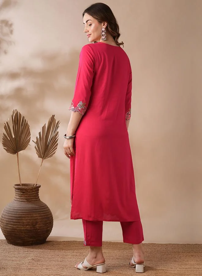Globus  Pink Button Floral Scalloped Hem Kurta and Elasticated Pants Set for Women | Best Price UAE