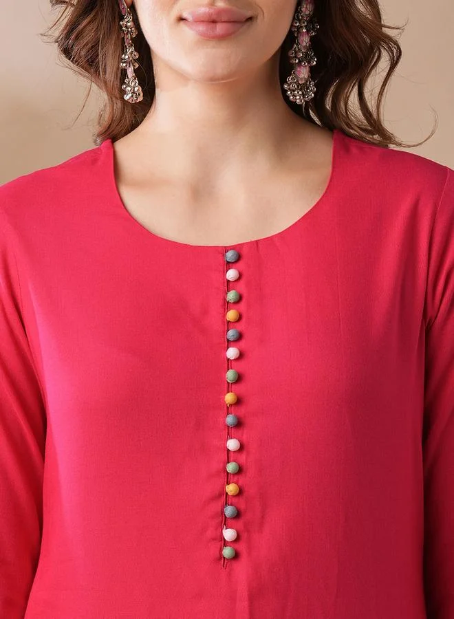 Globus  Pink Button Floral Scalloped Hem Kurta and Elasticated Pants Set for Women | Best Price UAE