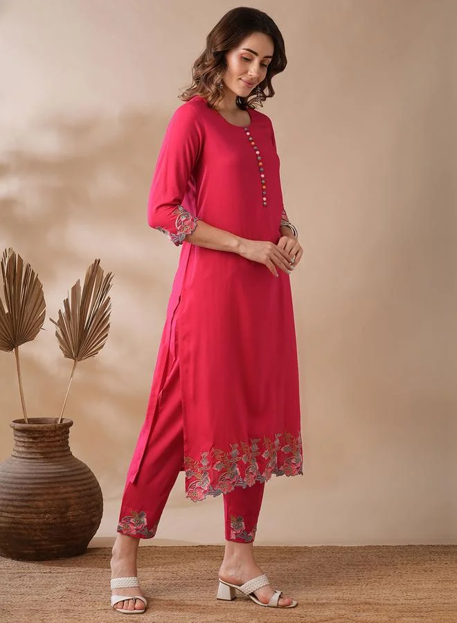 globus Pink Button Floral Scalloped Hem Kurta and Elasticated Pants Set